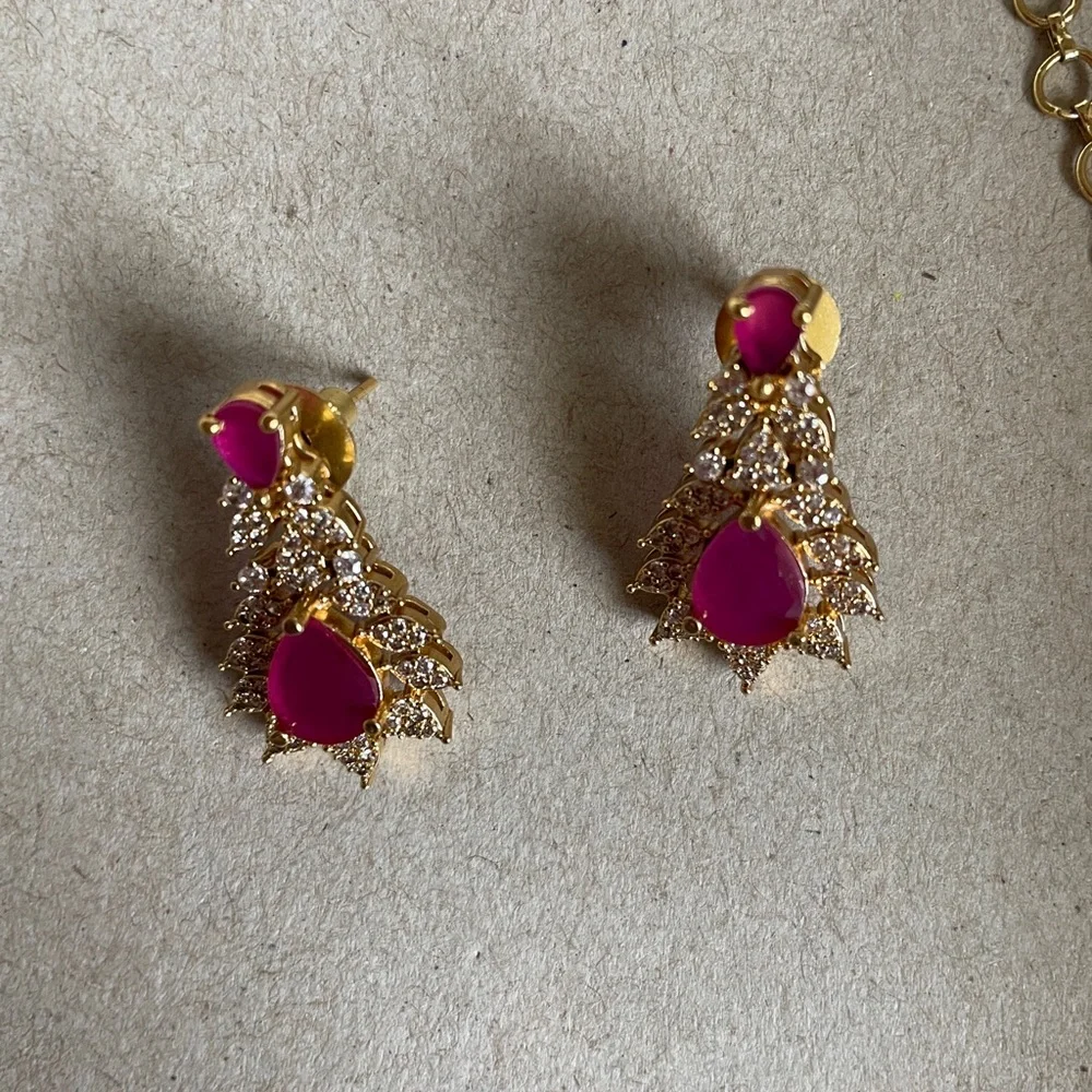 Gold-Tone Necklace & Earring Set with Pink Gem Accents